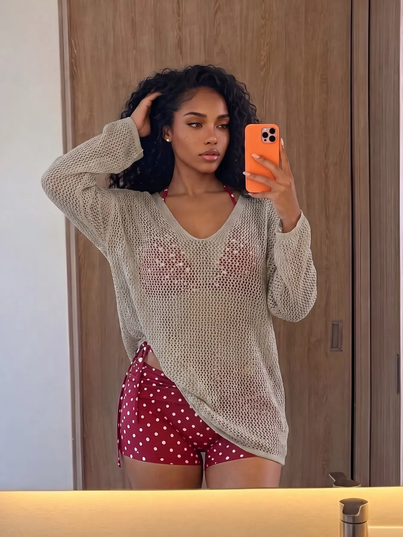Women's Mesh Knitted Breathable Hoodie, V-Neck Long Sleeve, Boho Beach Cover-Up, Summer Streetwear, Casual Loose Fit, Youth Girls' Fashion