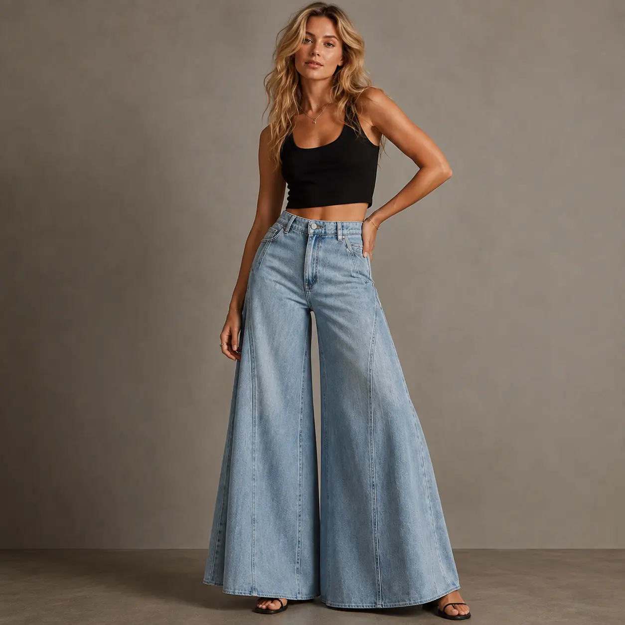 Women’s High-Rise Light Blue Super Wide Leg Denim Bottoms, Poly-Cotton Vintage Baggy Palazzo Pants, Relaxed Fit Full-Length Casual Wear Jeans