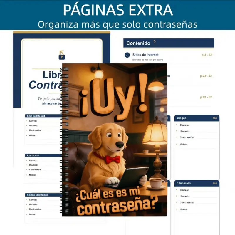 A fun Spanish spiral password notebook journal for internet and computer logins, password manager (records websites, usernames), suitable for home or office, password notebook for seniors, office planner, a gift for female friends, Golden Retriever themed