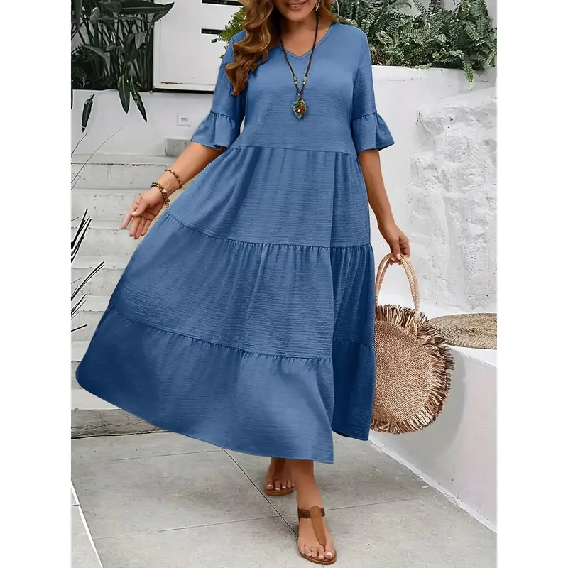 Women's Plus Size 1XL Solid Blue Tiered Tiers V-Neckline Half-Sleeve Long Length Maxi Dress - Spring & Summer Casual Wear, Comfortable Dance Sportswear Basics (Maxi Dresses, Plus Size Clothes)
