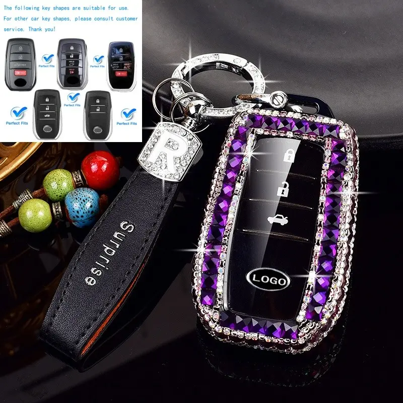 Lady's handcrafted diamond-studded R-shaped leather keychain bag, Car Key Accessory, suitable for Toyota Corolla key rings, Camry, Riso, Nissan Silvia, Riso, RAV4, Wagon R, Land Cruiser, CHR models.