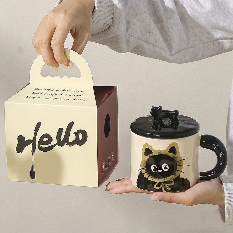 Cute Cat Pattern Ceramic Mug, 2 Counts/set Coffee Mugs with Lid & Spoon, Drinking Cup for Home Office Use, Gift for Girlfriend, Drinkware