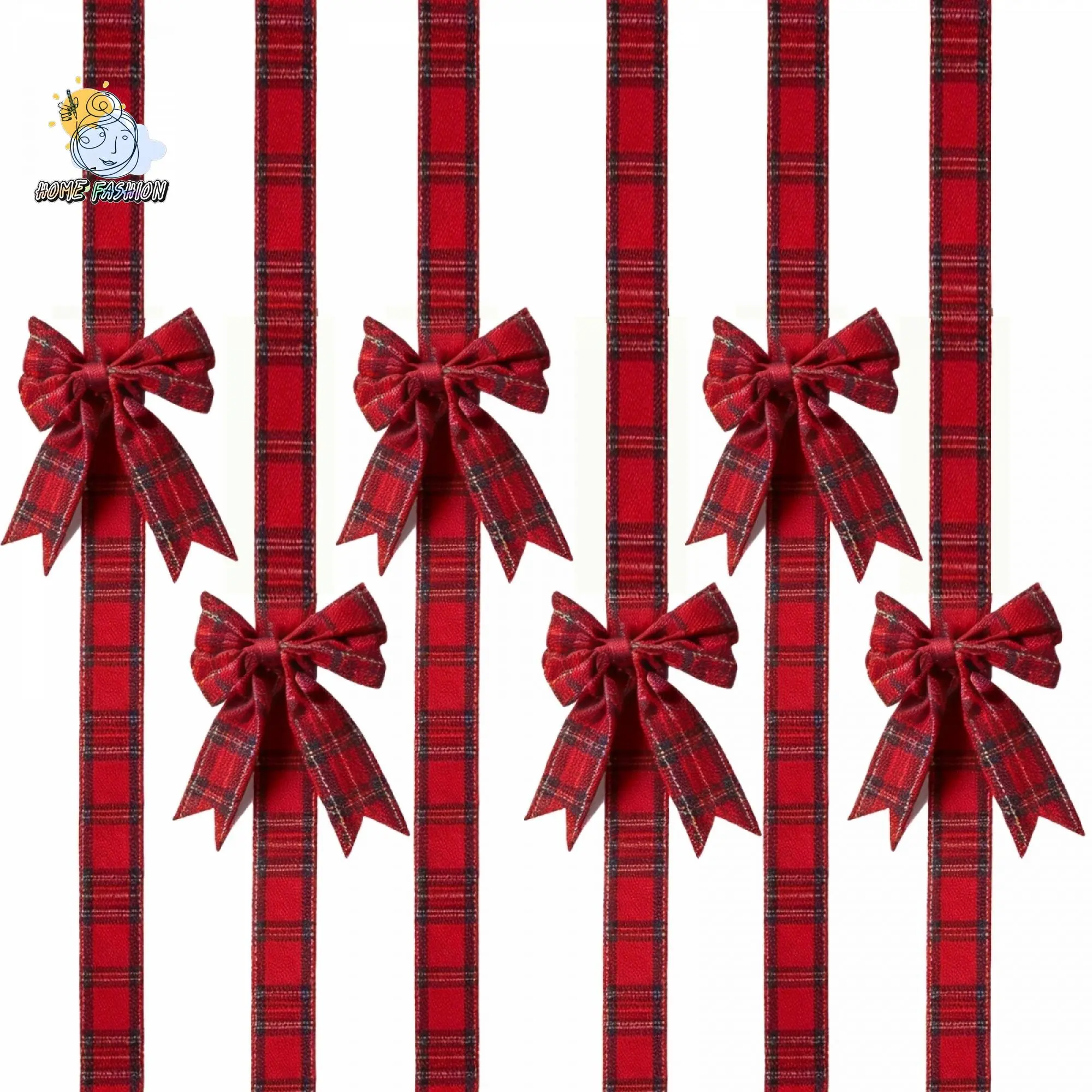 6 Pcs Christmas Cabinet Bows Farmhouse Christmas Cabinet Decor Plaid Fabric Bow Set Self Adhesive Pre-Made Buffalo Check Bows For Kitchen Cupboard Door Wreath Xmas Home Decoration