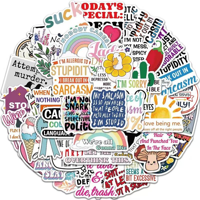50 Reusable Vinyl Stickers, Funny Quotes Design, Glossy Surface, Durable Adhesive, Perfect for Laptops, Water Bottles, Suitcases, Helmets, Sticker Packs