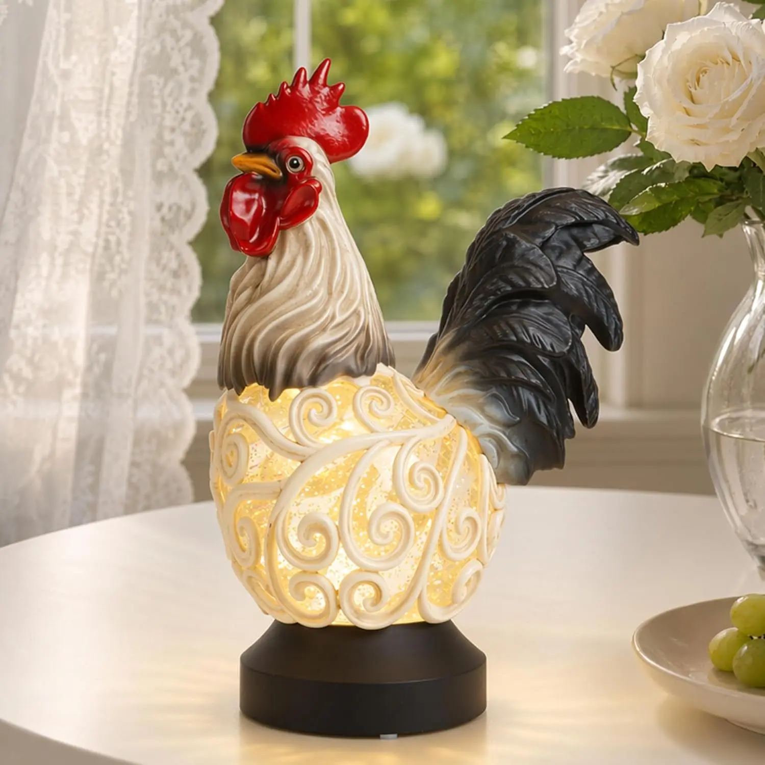 Snow Globe Decor with 6H Timer, Swirling Glitter Snow Globes Spring Figurine Decorations, USB/Battery Operated, for Spring Holiday Home Decor and Gift (Rooster)