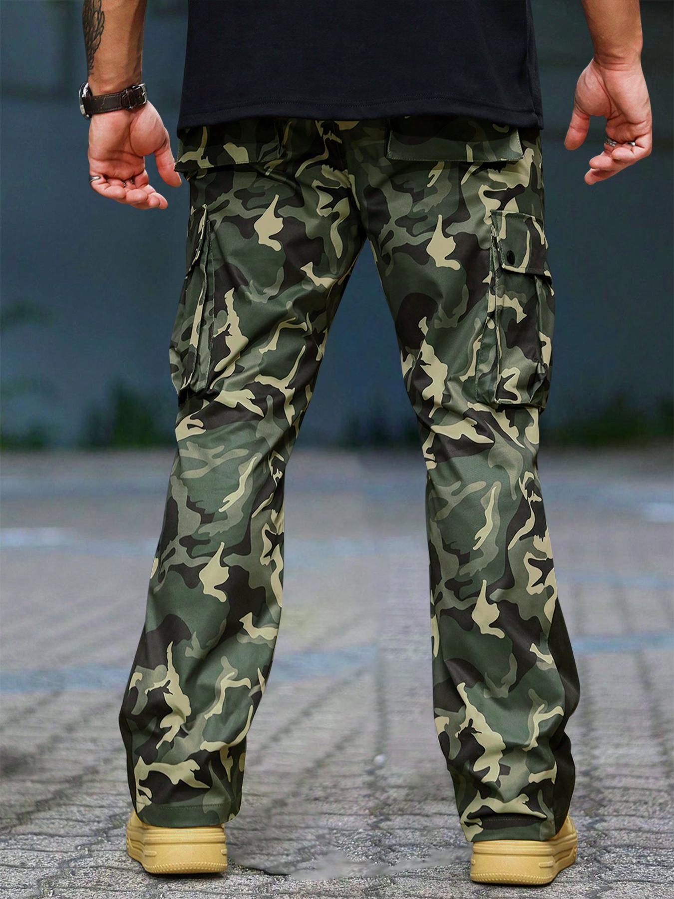 Men's Camo Print Drawstring Waist Cargo Pants, Regular Fit Street Fashion Pocket Split Hem Trousers, Men's Bottoms for All Seasons Daily Wear