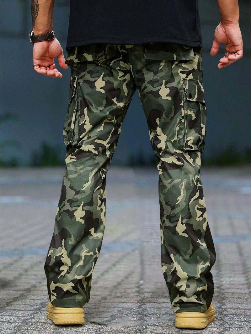 Men's Camo Print Drawstring Waist Cargo Pants, Regular Fit Street Fashion Pocket Split Hem Trousers, Men's Bottoms for All Seasons Daily Wear