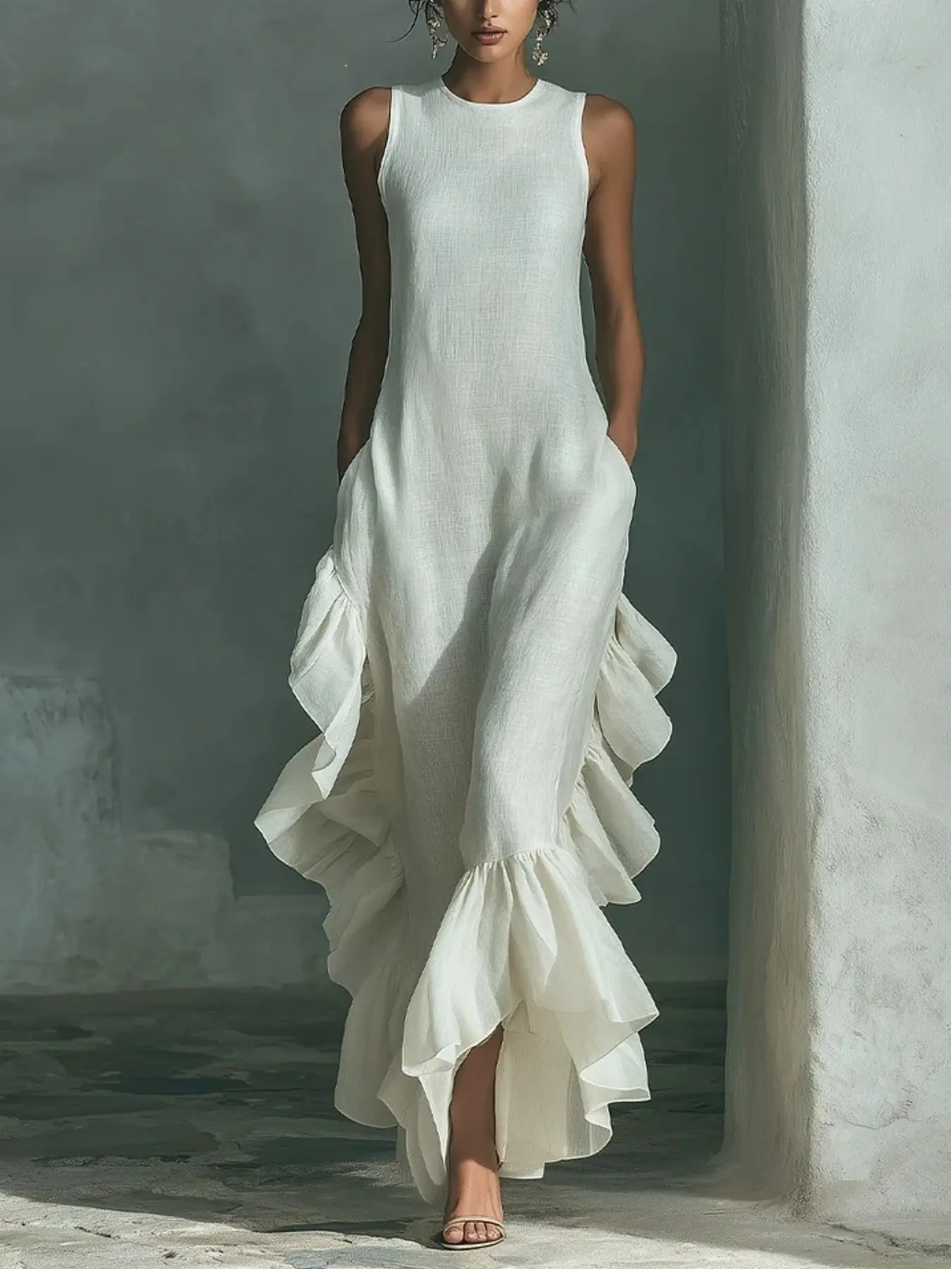 Elegant Sleeveless Round Neck Dress, Plain Color Ruffle Hem Long Dress, Women's Fashion Summer New Arrival, Stylish and Chic, Elegant Knit Dress