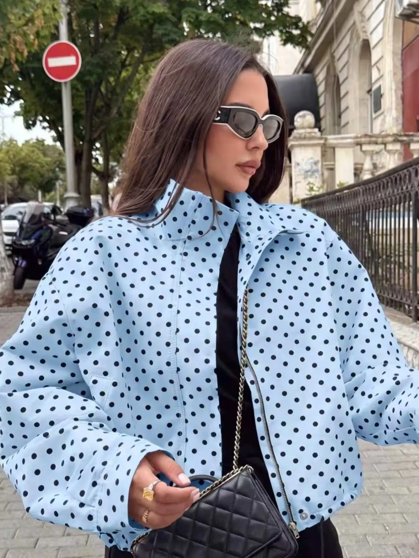 New Spring Summer Lightweight Polka Dot Stand Collar Short Zipper Jacket, Casual, Fresh Print, High Waist Cut, Loose Fit, Windproof, UV Protection