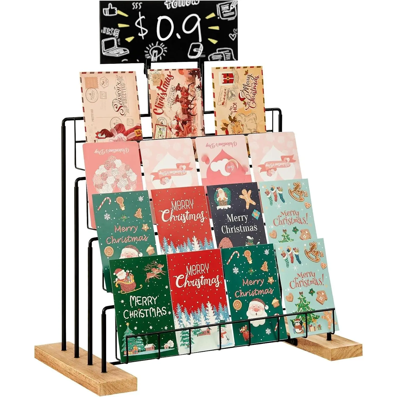 Greeting Card Display Stand, 4-Tier Greeting Card Organizer for Cards, Postcard, Photos, Brochure, Sticker, Trading Cards, Metal & Wooden Retail Display Rack for Vendors Counter Retail (Black)
