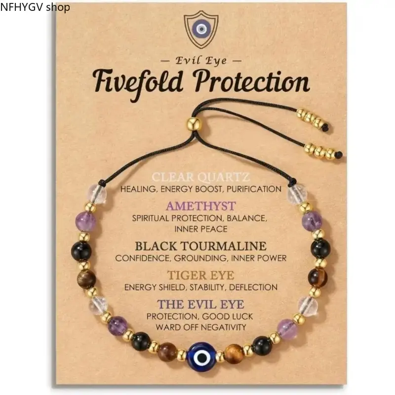 Evil Eye Crystal Beaded Bracelet Built With Flexible Adjustable Chain, Handcrafted With Natural Quartz Amethyst And Tiger Eye Stones, Dainty Protection Amulet Jewelry Ideal For Everyday Styling And Holiday Gift Giving