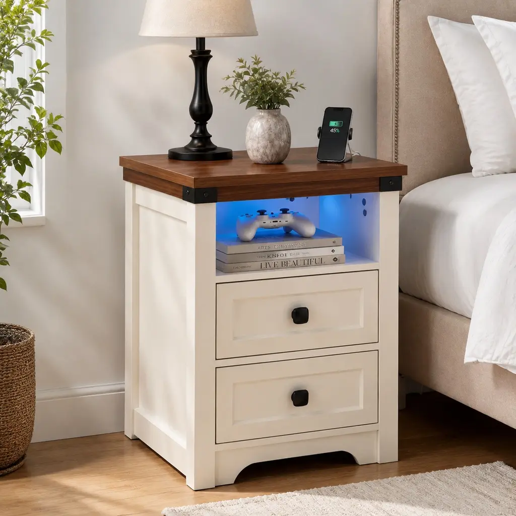 Farmhouse Side Table with Charging Station, Antique Nightstand with Drawer and Shelf, White Finish, USB Ports, Small End Table for Bedroom Living Room, Compact Storage Furniture