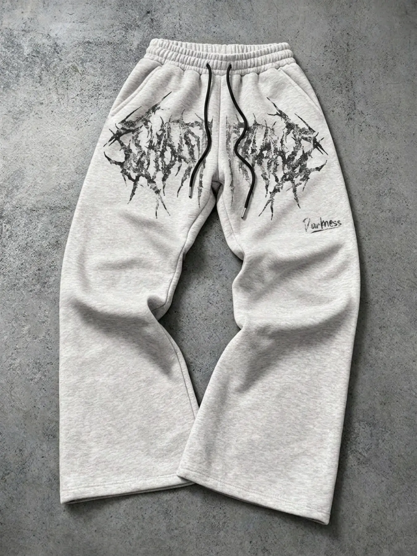 Mens Grunge Distressed Thorn Metal Letter Wide Leg Sweat Pants, Vintage Darkness Text Print Elastic Drawstring Waist Loose Baggy Gothic Punk Street Trousers With Side Pockets