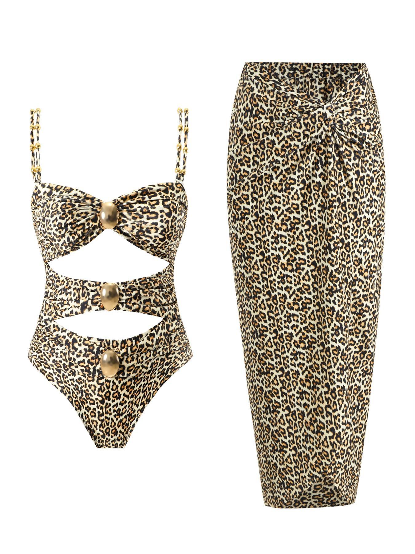 Women's Cut Out Ruched One-piece Swimsuit & Knot Side Cover Up Skirt Set, Solid Sleeveless Swim Top & Cover Up Skirt, Ladies Swimsuit for Beach Holiday Vacation, Swimsuit Cover Ups