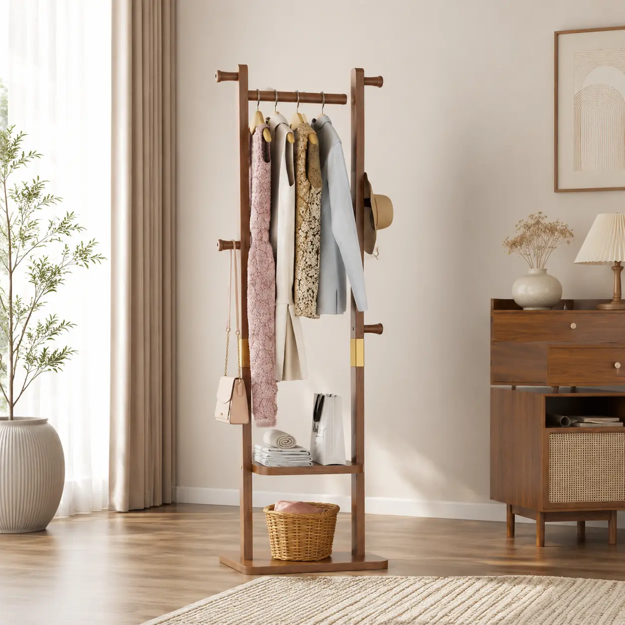 Littleox Solid Wood Freestanding Hanging Clothes Rack (23.6*70.8in) - Eco-Friendly, Decorative, Strong, Easy to Assemble for Bedroom, Entrance, Freestanding Clothes Rack, Natural