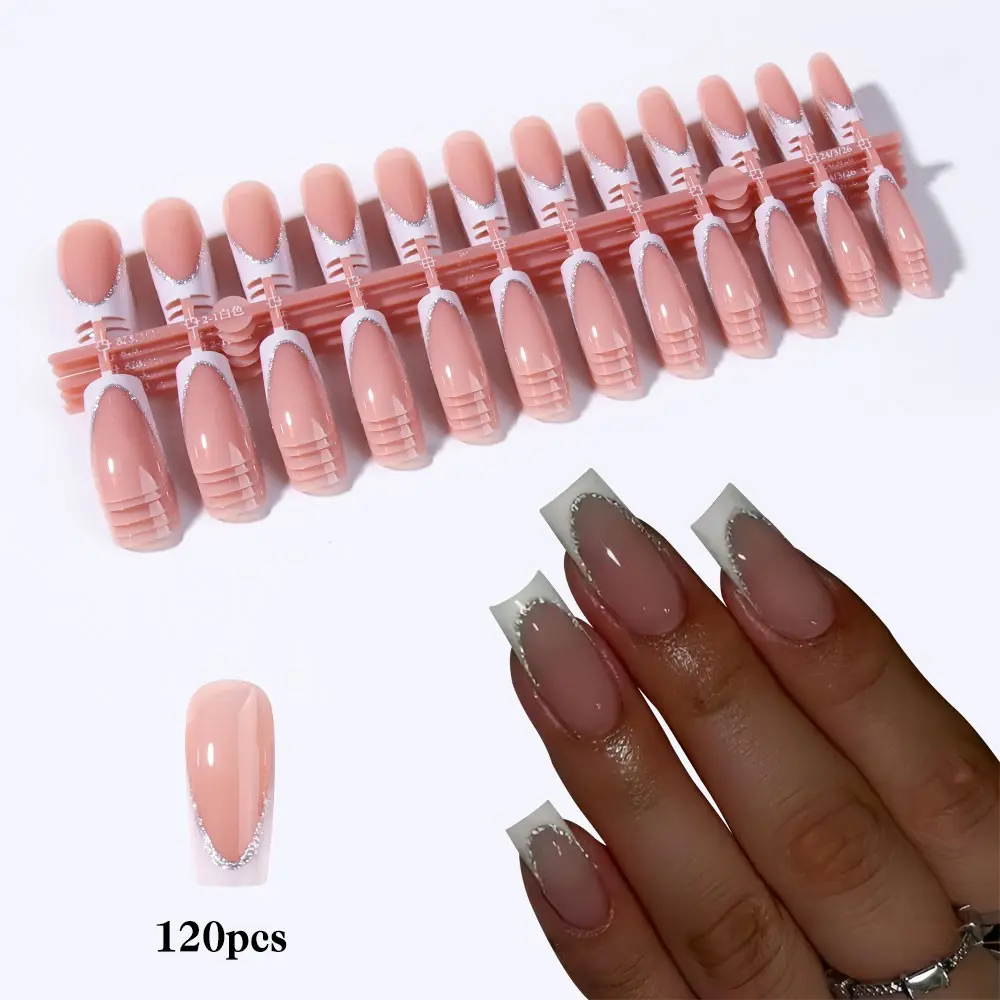 120pcs Long Square Press-On Nails, French Edge, Sparkle Design, Acrylic Material, Includes Jelly Glue and Nail File