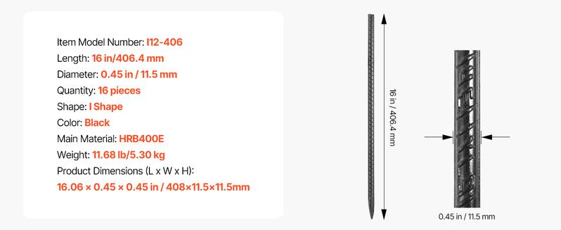 VEVOR Rebar Stakes, 16-Inch, Heavy-Duty 0.45 in Diameter, Straight Galvanized Steel Ground Anchors with Chisel Point End & Rust-Resistant Coating, for Gardening Support, Fence, Camping Tents (16-Pack)