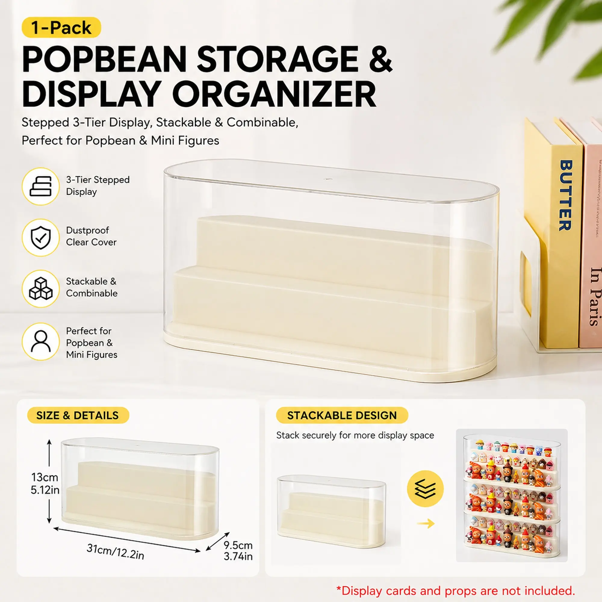 Stackable Figure Display Case with Tiered Step Riser, Clear Cylindrical Showcase Storage Organizer Box with Rounded Edges for Pop Bean, Blind Boxes, Mini Action Figures, Small Collectibles