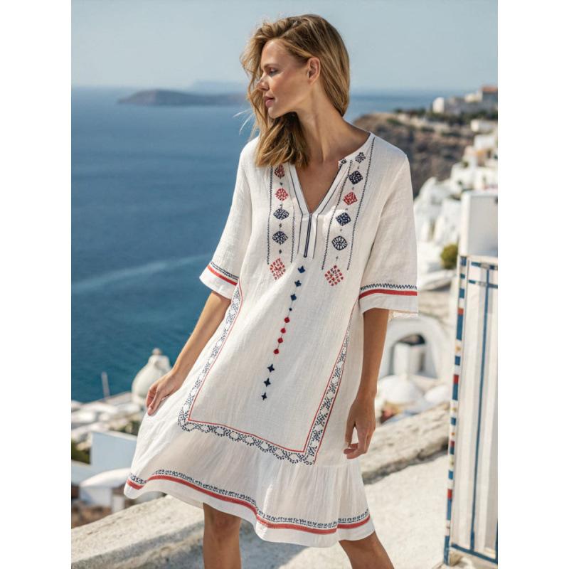 2026 New Hot-Selling Beach Vacation Style V-Neck Bohemian Printed Loose Beach Dress Vacation Style