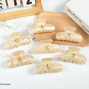 1Pc Cream Marble Acetate Initial Letter Claw Clip for Women Girls, Gold Metal Monogram Custom Hair Jaw, Suitable for Thick & Thin Hair Daily Gift Hair Accessories