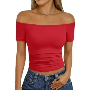 Summer Off The Shoulder Tops for Women Going Out Short Sleeve Shirts Cute Y2K Sexy Basic Clothes 2026 Fashion
