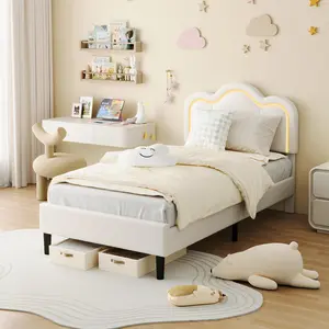 Twin Size Kids Bed Frame with Smart RGB LED Lights Modern Upholstered Platform Bed Frame Mountain Shaped Headboard PU Leather No Box Spring Needed Wooden Slats Support Quiet Squeak Resistant Twin LED Bed for Boys Girls