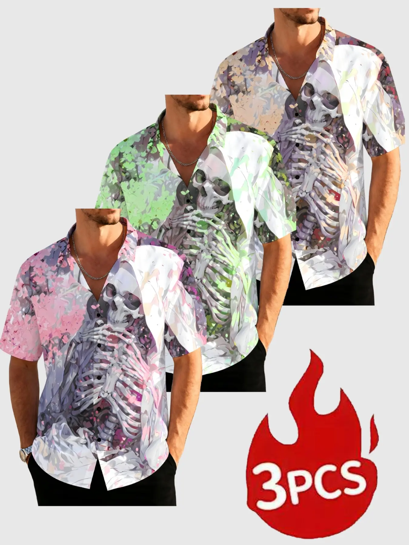 3-Piece Ink Brushstroke Abstract Romantic Skeleton Print Short Sleeve Shirts Series, Fashion Design, Men's Casual Printed Shirts, Summer New Arrivals, Streetwear Style, Comfortable Fit Design, Perfect for Daily Wear