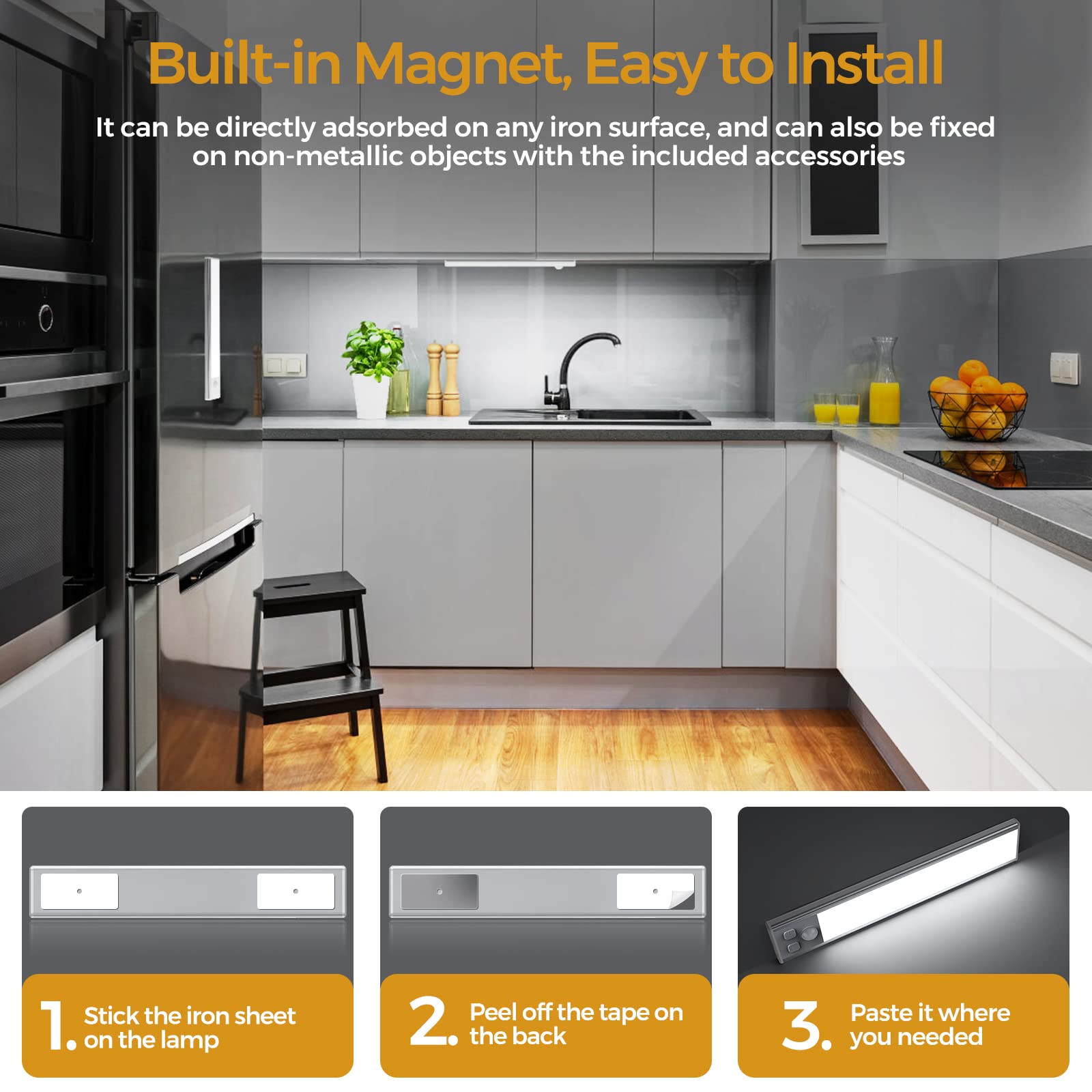 Motion Sensor Cabinet Lights, Rechargeable Magnetic Under Counter Lights, 1500mAh USB Closet Lighting for Kitchen, Stairs, and Indoor Use, Dimmable & Wireless Motion Sensor Cabinet Lights, Rechargeable Magnetic Under Counter Lights, 1500mAh USB Closet Lighting for Kitchen, Stairs, and Indoor Use, Dimmable & Wireless