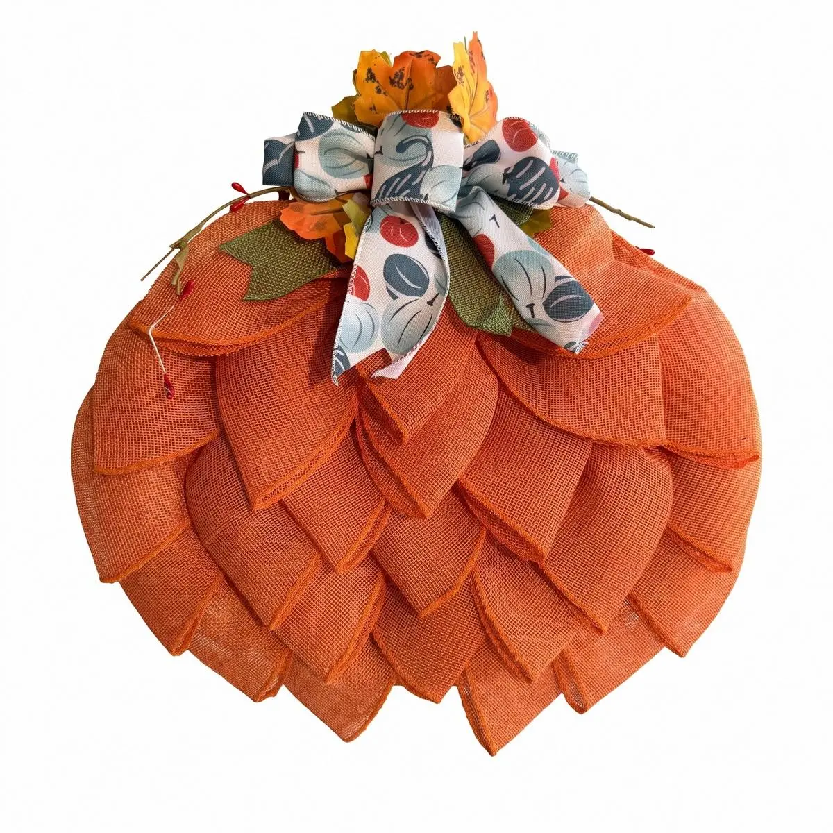 Burlap Pumpkin Wreath Fall Thanksgiving Wreath with Lighted Ornaments for Halloween Christmas Front Door Decoration