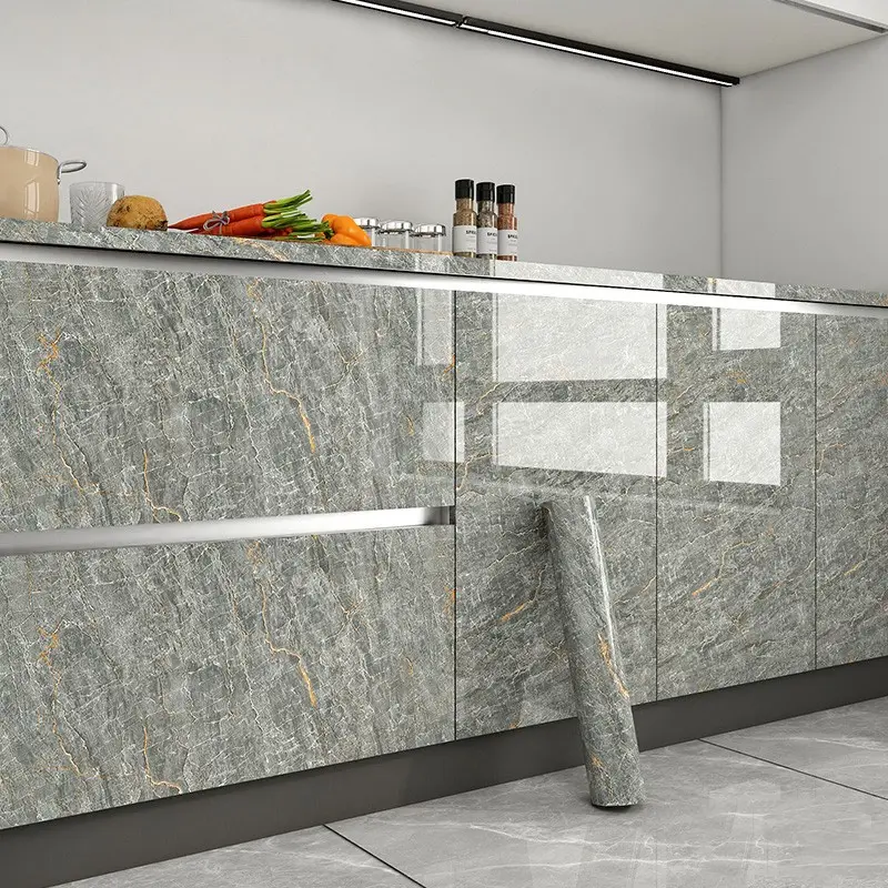 Marble Contact Paper 17.72in*118.11in/196.85in,Self-Adhesive Grey White Kitchen Backsplash Wallpaper - Peel and Stick Glossy Black Decorative Paper for Countertop,Desktop, Home Living Room Bathroom