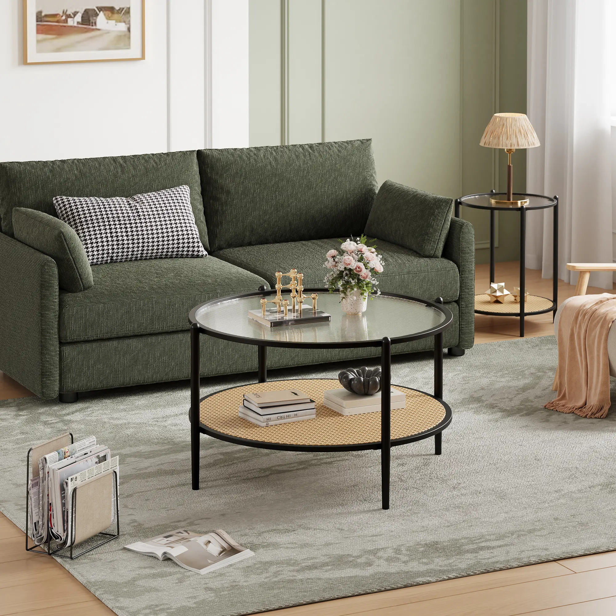 Boho Style 2-Tier Rattan Coffee Table – 30 Inch Round Center Table with Water-Wave Tempered Glass Top, Sturdy Metal Frame, Storage Shelf – Modern Accent Furniture for Small Living Room