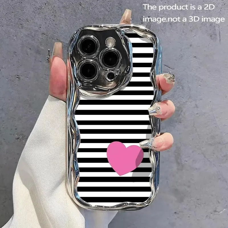 Trendy Shockproof iPhone Case - Protection Cover with 2D Black & White Stripe, Pink Heart, Unique Wave Patterns, Cute Phone Accessories for iPhone X, XS, 11-17, Pro, Plus, Pro Max, Iphone 17