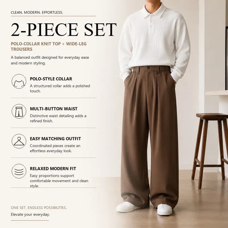 Men's Casual Sweater and Pants Set, Polo Collar Ribbed Knit Sweater with Straight Leg Tailored Pants, 8 Curated Solid Color Pairings, Sizes S-XXL, Daily Work Travel Style, Group 2