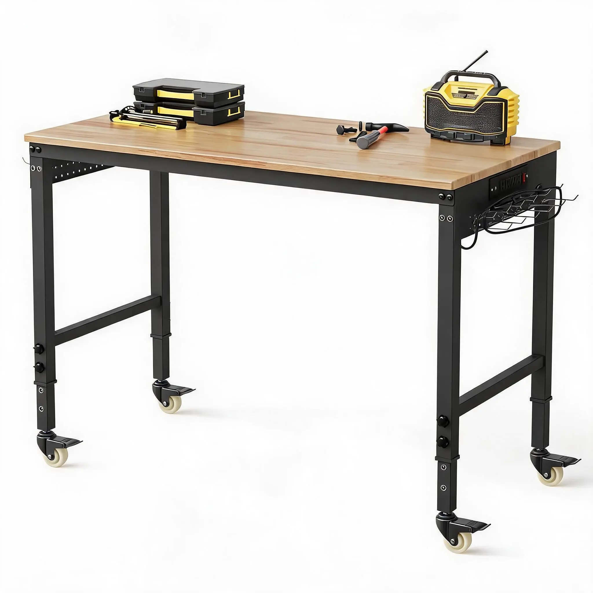 48" Adjustable Workbench – 48×24", 2000lbs – 6 Heights – Rubberwood Top – ETL Power Strip – Pegboard & Hooks – Garage/Workshop – Locking Casters