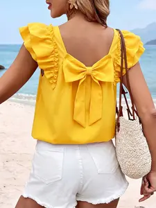 Women's Fashion Elegant Casual Bow Flutter Sleeve Solid Color Patchwork Blouse Top, Stylish and Comfortable Ladies' Clothing, Perfect for Daily Wear, Babydoll Blouses