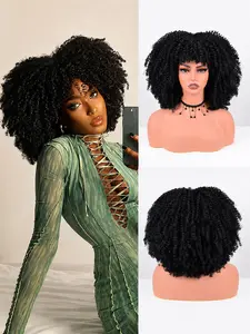 Afro Curly Wig with Bangs 12 Inches Synthetic Afro Wig for Women about 280g/Pcs Heat Resistant Black Short Kinky Curly Wigs for Daily Party