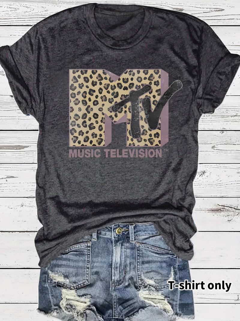 Women's MTV Leopard Print Round Neck Tee Fitted Short Sleeve T-Shirt for Summer Casual Wear Ladies Clothes Top with Unique Print and Durable Fabric Women's MTV Leopard Print Round Neck Tee Fitted Short Sleeve T-Shirt for Summer Casual Wear Ladies Clothes Top with Unique Print and Durable Fabric