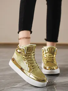 Women's High-Top Mirror Finish Shoes, Anti-Slip Waterproof Thick Sole, Versatile Streetwear Party Footwear, Invisible Heel Boost
