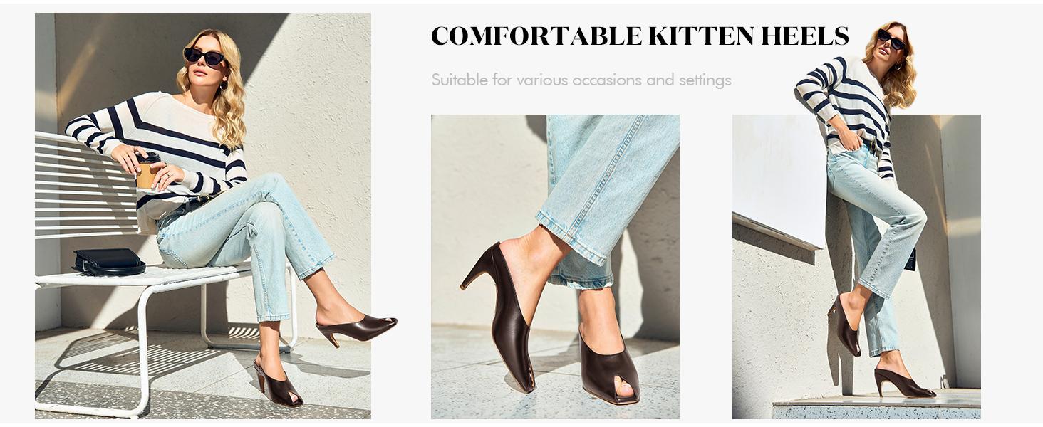 Imily Bela Womens Kitten Heels Mules Open Peep Toe Slide Sandals Slip On Summer Dress Shoes