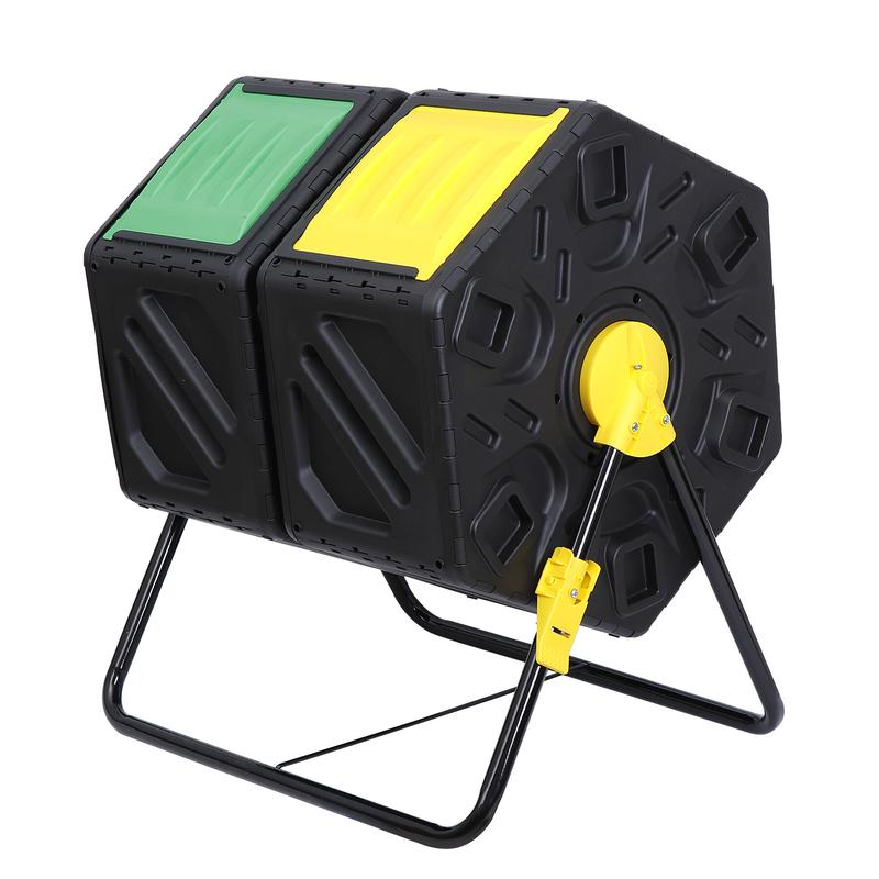 Segawe 37 gal Double Compost Bins Outdoor Rotating Tumbling Metal Frame Remixing Container, Black