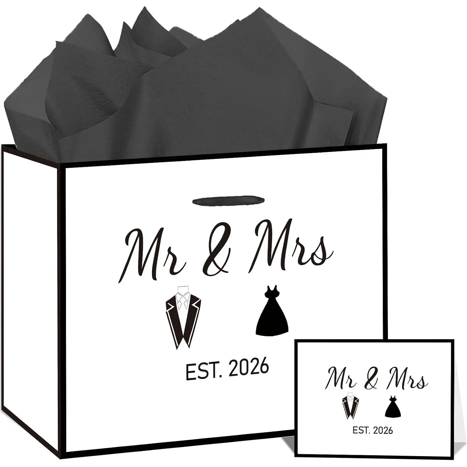 EST 2026 Mr & Mrs Wedding  Bag Set with Tissue Papers and Card Large Bridal Shower  Bag Engagement Wrapping Paper for Couples Bridal Shower Anniversary Engagement, Black White