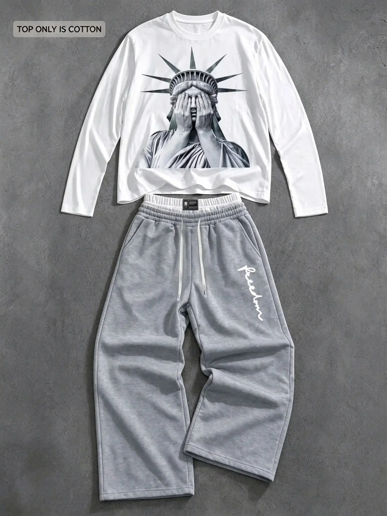 Men's 2 Piece Outfit Set, Cotton Long Sleeve Tee with Statue of Liberty Cover Eyes Graphic Print & Grey "Freedom" Letter Wide Leg Sweatpants, Casual Streetwear Matching Tracksuit