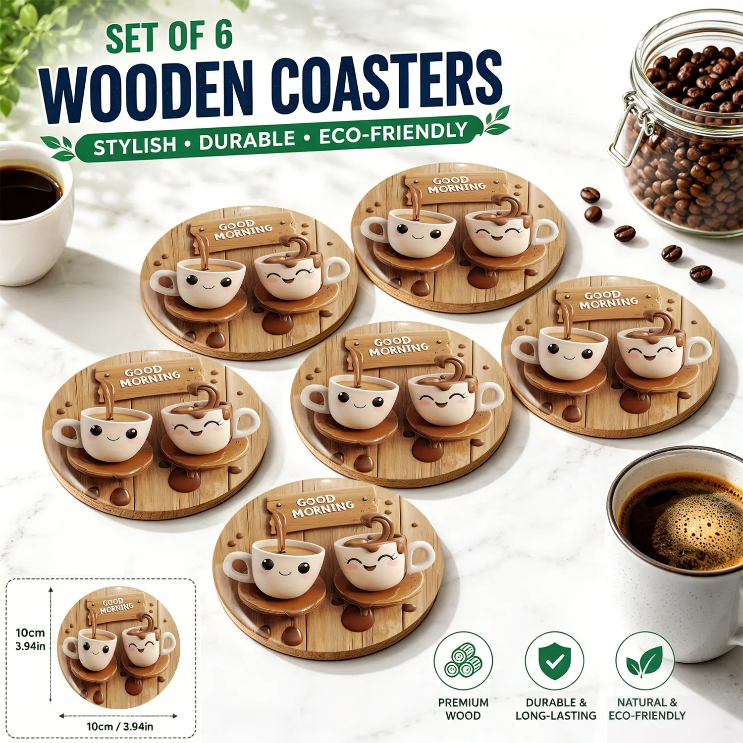 6 PCS Cute Coffee Cup Wooden Coasters Set | Smiling "Good Morning" Coffee Mugs | Kawaii Aesthetic Kitchen Bar Decor | Heat Resistant Coasters for Drinks | Gift for Coffee Lover Her Bestie