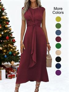 women's plain twist ribbon tank dress, casual stylish elegant sleeveless round neck midi dress for summer, minimalist ladies clothes for beach holiday, summer dresses, womenswear