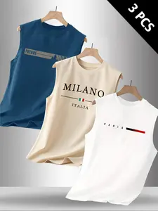 Summer Men's Casual Sleeveless Vest, Letter Print Design, Outdoor Sports & Daily Wear, Pack of 3 Versatile Pieces