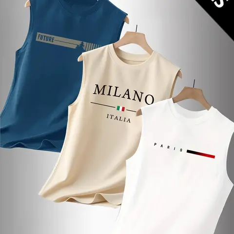Men's Casual Slim Fitting Sleeveless Vests, Letter Print, Versatile Summer Clothes for Outdoor Sports & Daily Wear, Pack of 3