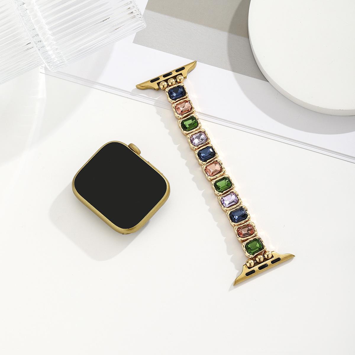 Apple Watch Gemstone Bracelet Band – Elastic Stretch Beaded Design with Metal Details, Fits 38–49mm, Elegant Jewelry Strap for Women