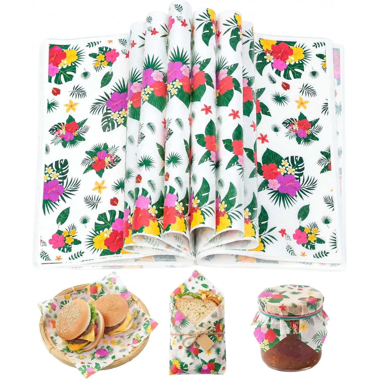 150 count Summer Hawaiian Tropical Wax Paper Sheets for  Picnic | Greaseproof  Deli Paper, Party Supplies, 9.8 x 8.3 in, Tropical Leaf & Flower Print Disposable -grade Wax Paper
