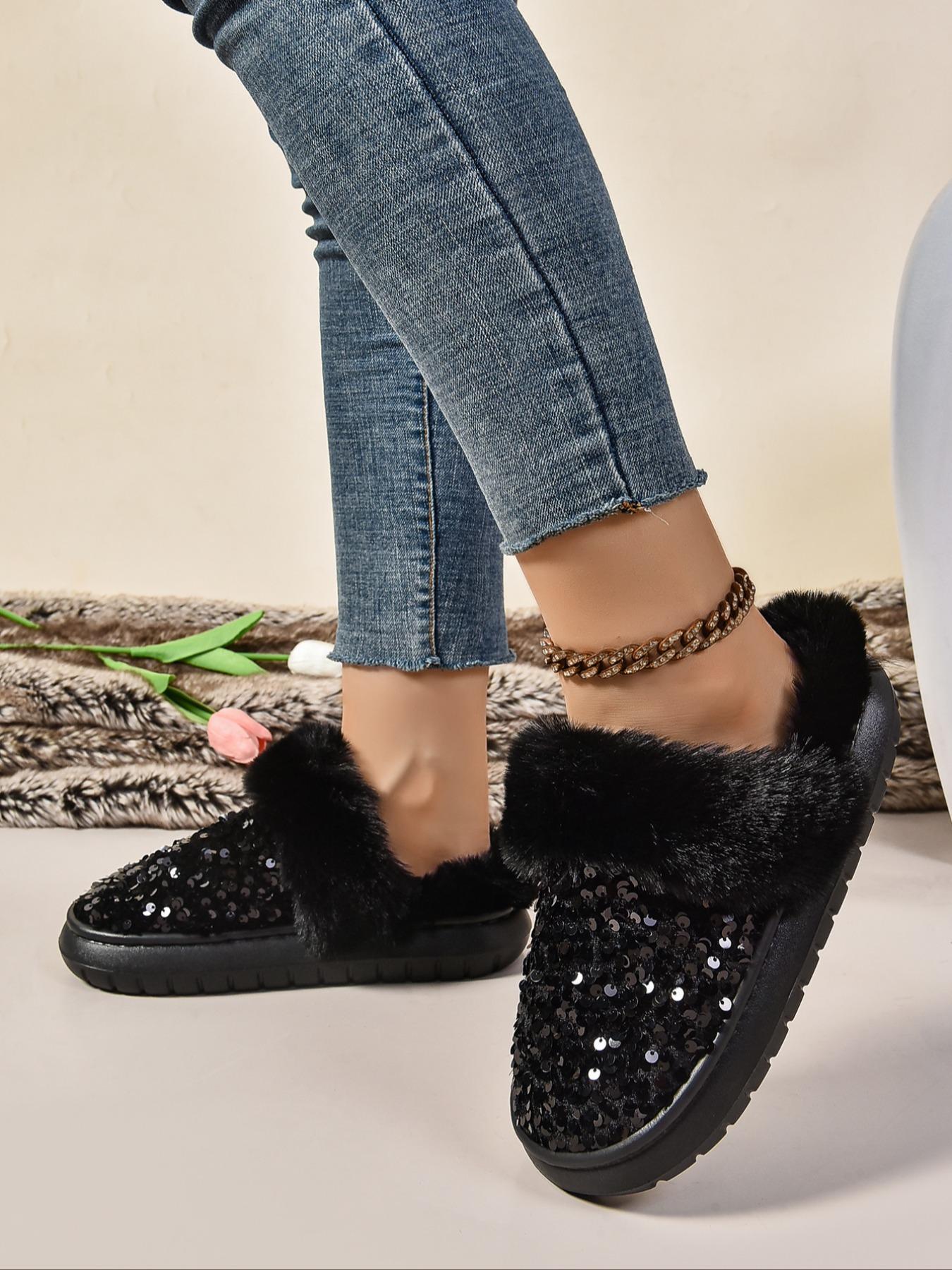 Women's Baroque Sequin Decor Plush Slippers, Casual Soft Comfortable Home Slippers, Warm Slippers for Indoor & Outdoor Use for Fall & Winter, Non Slip Slippers