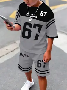 American Retro 67 Kids Sports Set, Boy Summer Short Sleeve Shorts Two-Piece Set, Casual Slim-Fitting Graphic Clothes Sets for Children